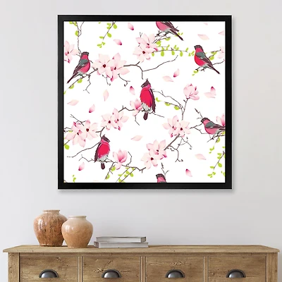 Red Bullfinches on Magnolia Tree  Wall Art