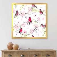 Red Bullfinches on Magnolia Tree  Wall Art
