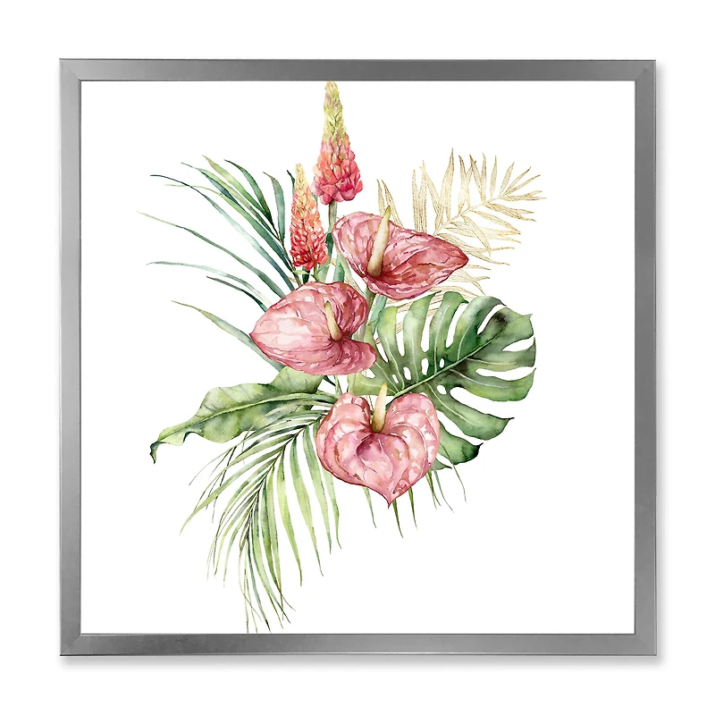 Tropical Bouquet with Anthurium Lupine & Leaves I  Canvas Wall Art Print