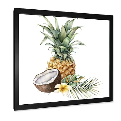 Pineapple with Coconut Plumeria and Palm Leaves  Canvas Wall Art Print