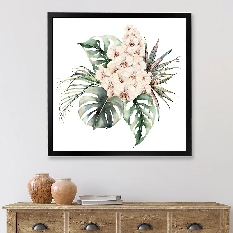 Bouquet with Orchids Monstera and Coconut Leaves Canvas Wall Art Print