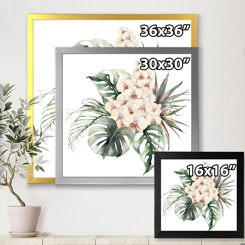 Bouquet with Orchids Monstera and Coconut Leaves Canvas Wall Art Print
