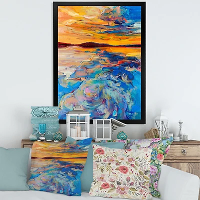 Orange Sunset Over Whirly Blue Waves Canvas Wall Art Print