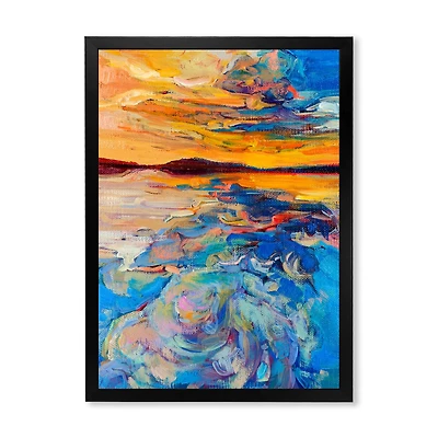 Orange Sunset Over Whirly Blue Waves  Canvas Wall Art Print