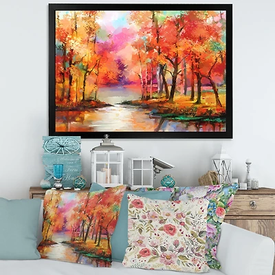 Colorful Autumn Trees by The Lake Canvas Wall Art Print