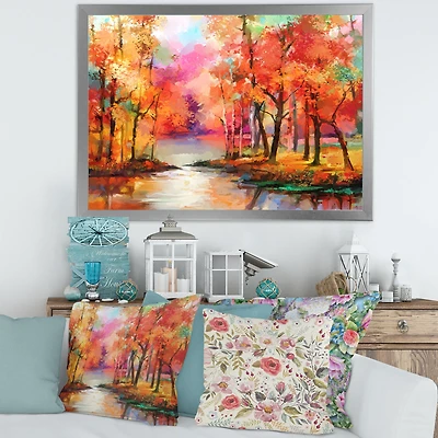 Colorful Autumn Trees by The Lake Canvas Wall Art Print