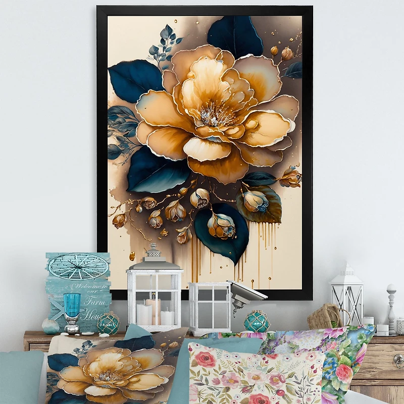 Yellow And Dark Blue Camellia Flower I Wall Art