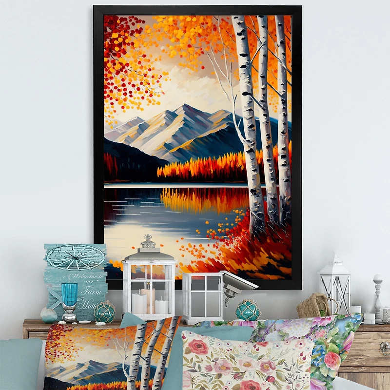 Red And Orange Birch Trees By The Lake V Wall Art
