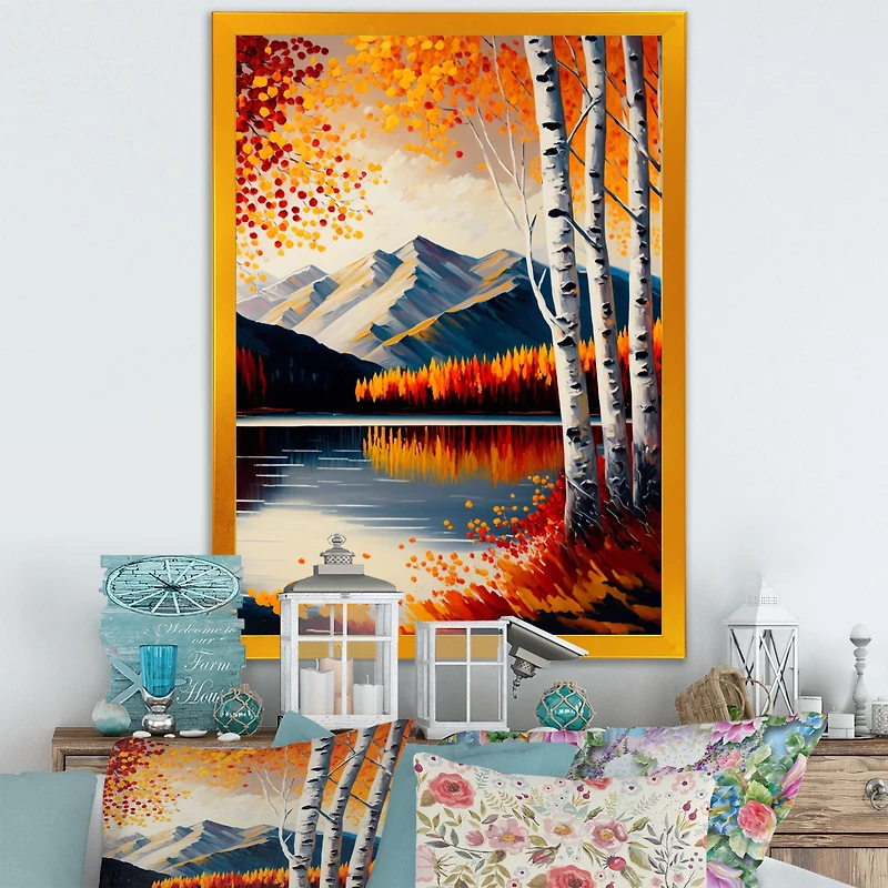 Red And Orange Birch Trees By The Lake V Wall Art