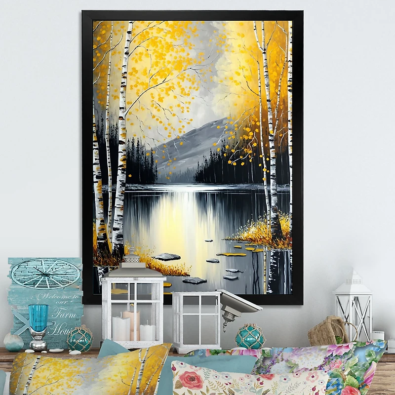 Monochrome Golden Birch Trees By The Lake I Wall Art