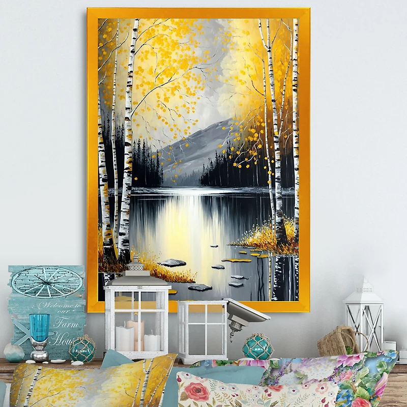 Monochrome Golden Birch Trees By The Lake I Wall Art