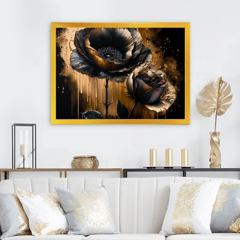 Black And Gold Popy Flowers Wall Art