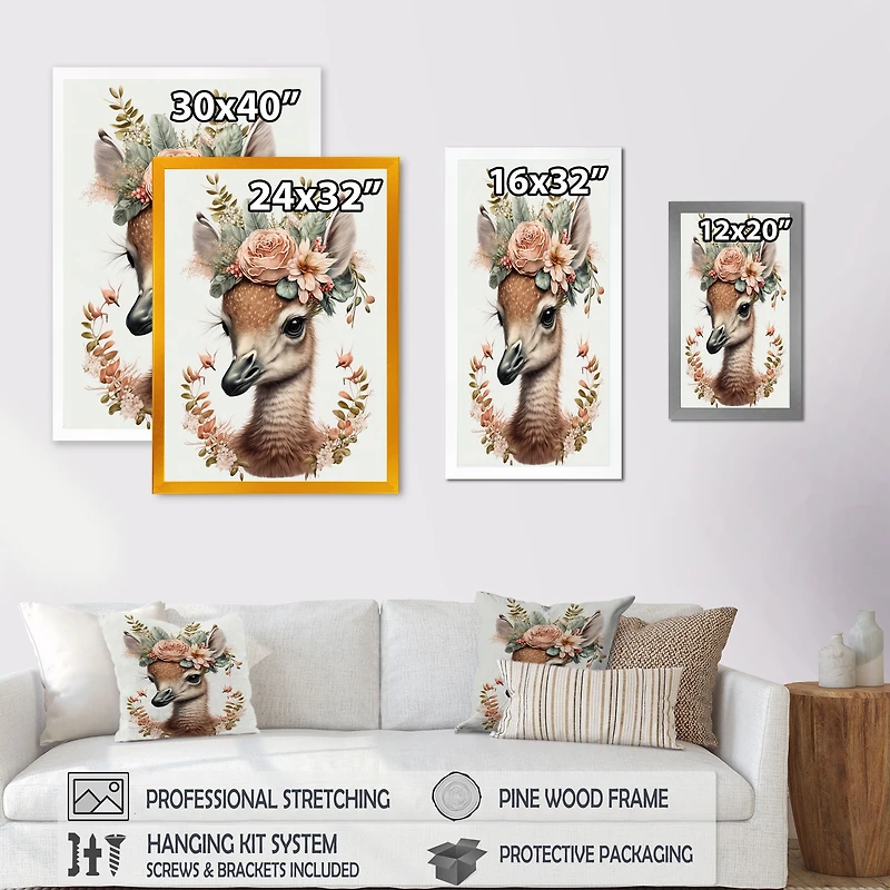 Cute Baby Flamingo With Floral Crown Wall Art