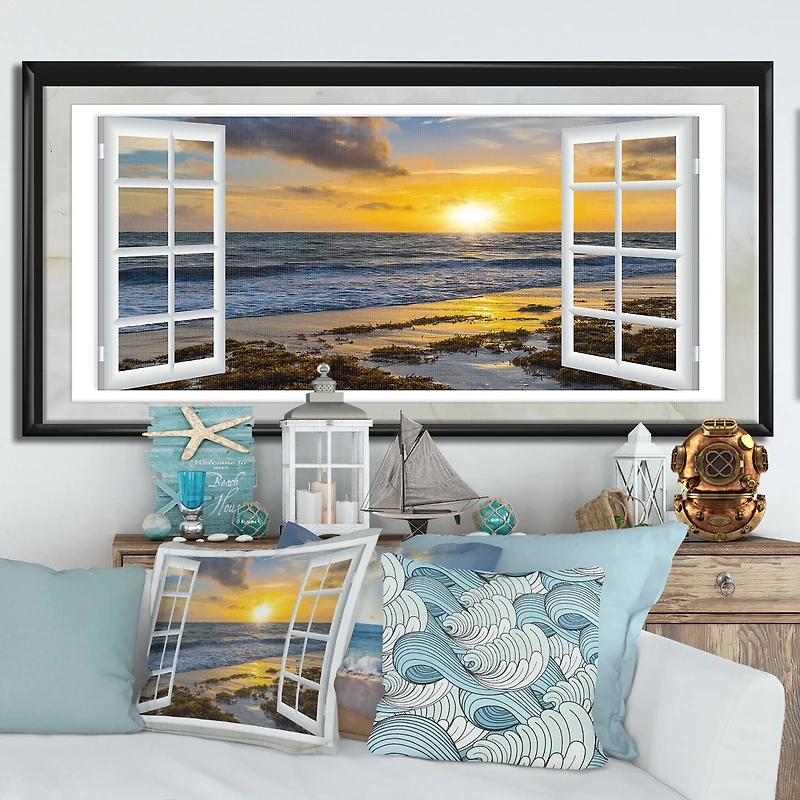 Open Window to Bright Yellow Sunset Canvas Wall Art Print