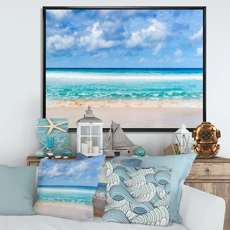 Tranquil Beach Under White Clouds  Canvas Artwork