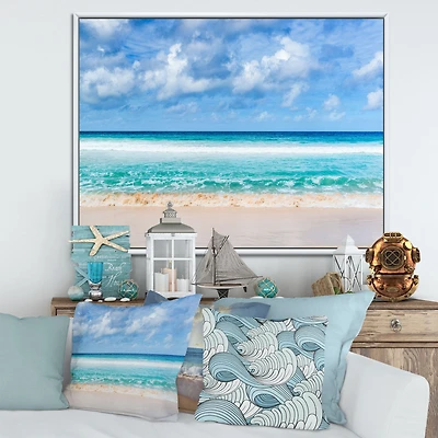 Tranquil Beach Under White Clouds  Canvas Artwork