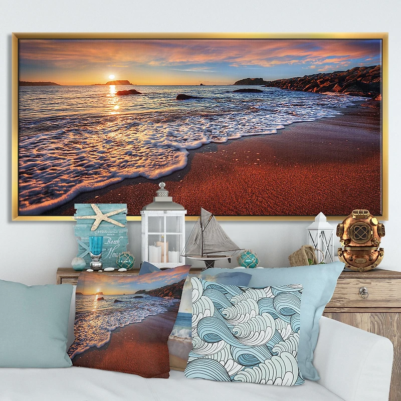 Stunning Ocean Beach at Sunset Art Print on Canvas