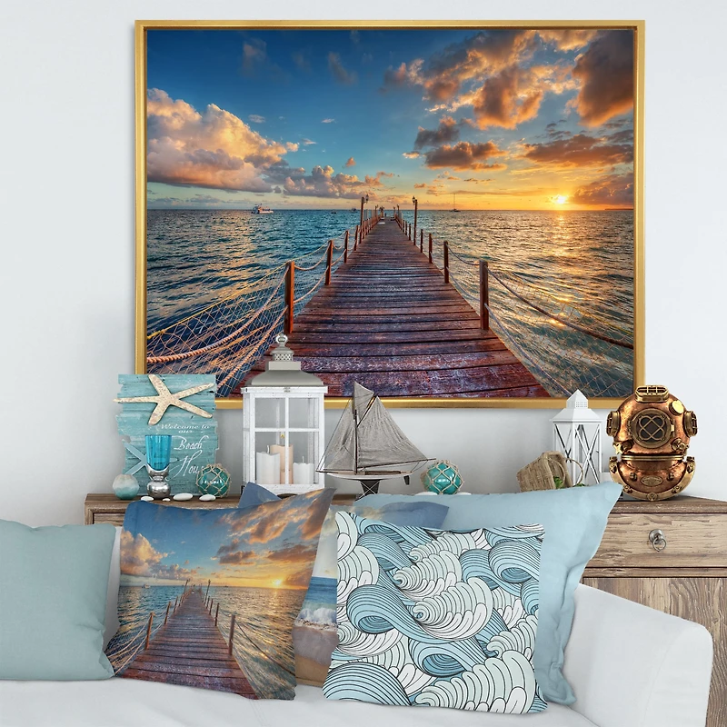 Brilliant Sunrise over Sea Pier Canvas Wall Art