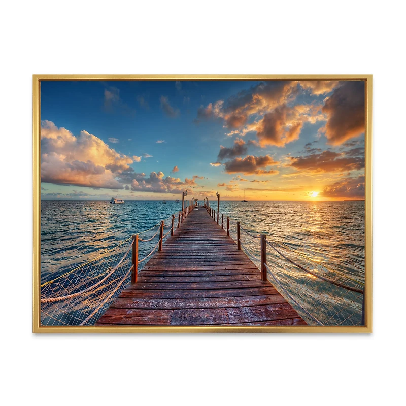 Brilliant Sunrise over Sea Pier Canvas Wall Art