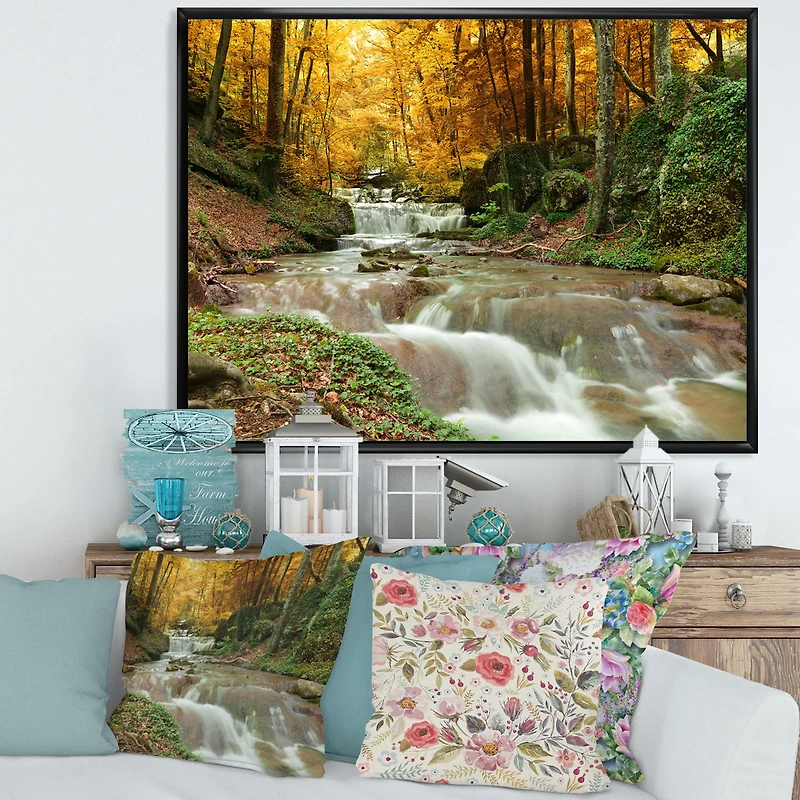 Forest Waterfall with Yellow Trees Artwork Canvas Print