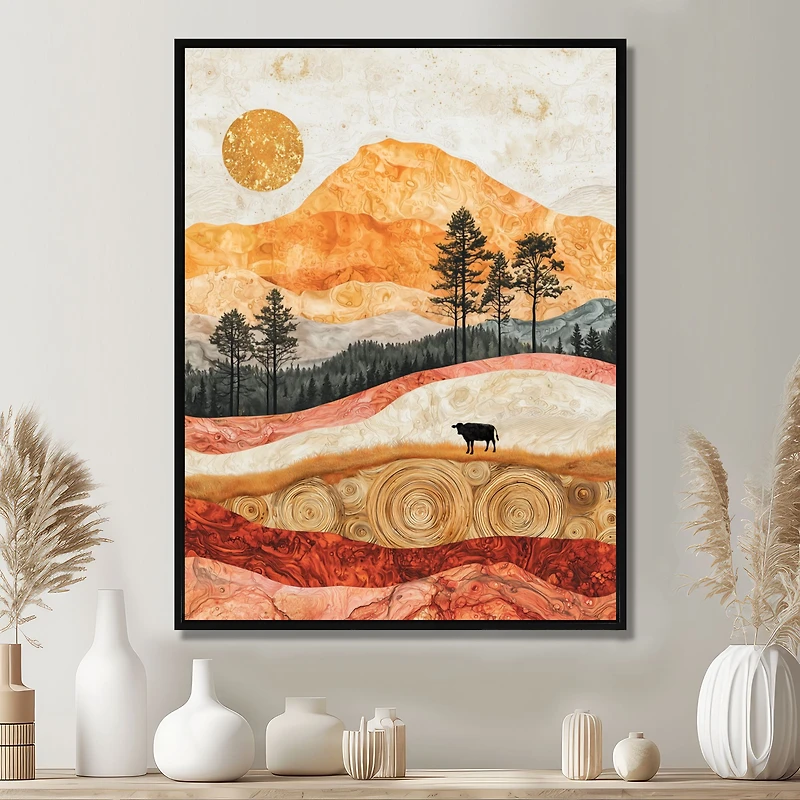 Art mural vache paysage champêtre doré « Pastel Cow »