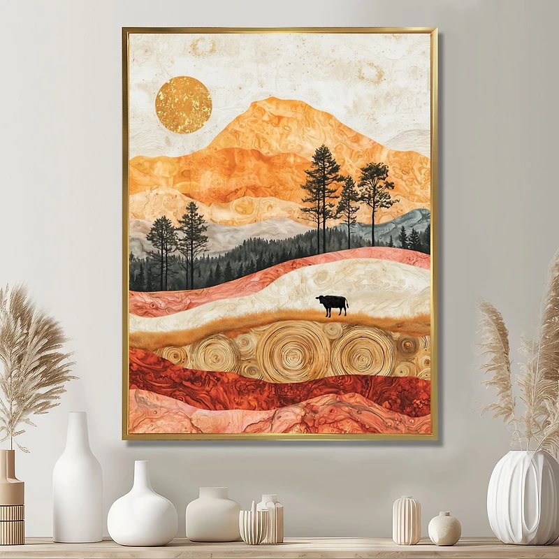 Art mural vache paysage champêtre doré « Pastel Cow »