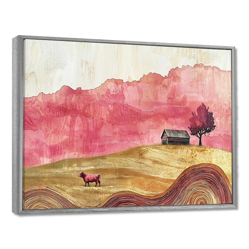 Art mural grange rose avec vaches au pâturage « Rose Barn »