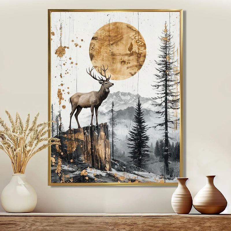 Art mural cerf doré paysage forestier « Grace in the Wild »