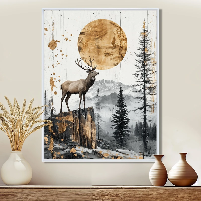 Art mural cerf doré paysage forestier « Grace in the Wild »