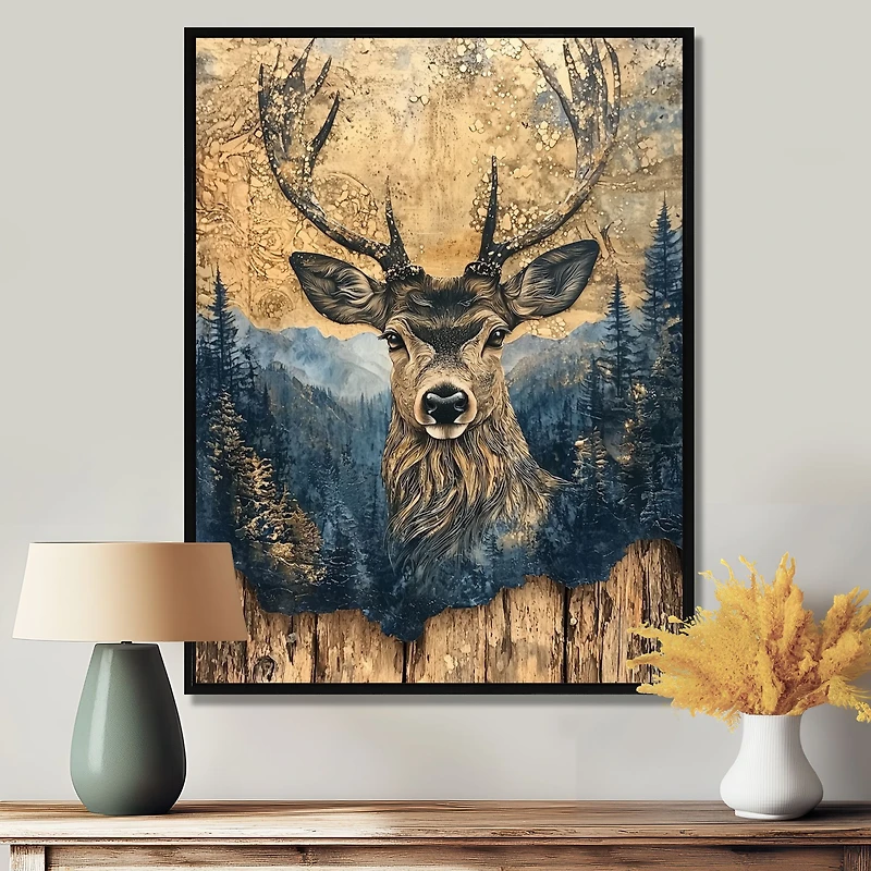 Art mural cerf en encre chinoise nature paisible