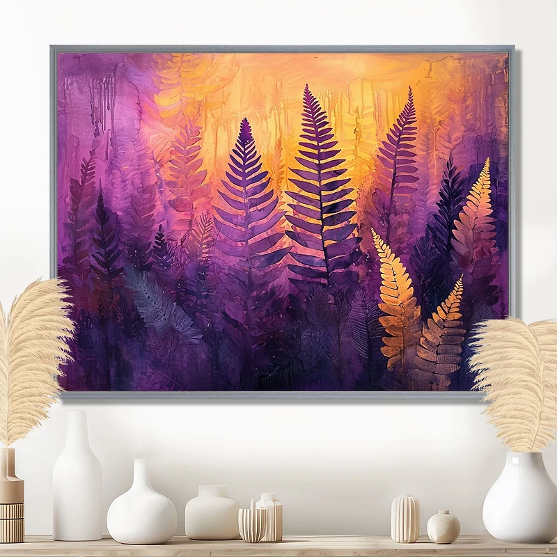 Art mural fougères brume violette paysage onirique