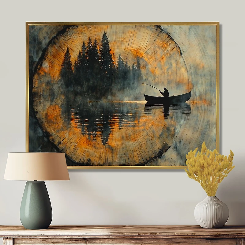 Art mural pêche en rivière paysage nature paisible