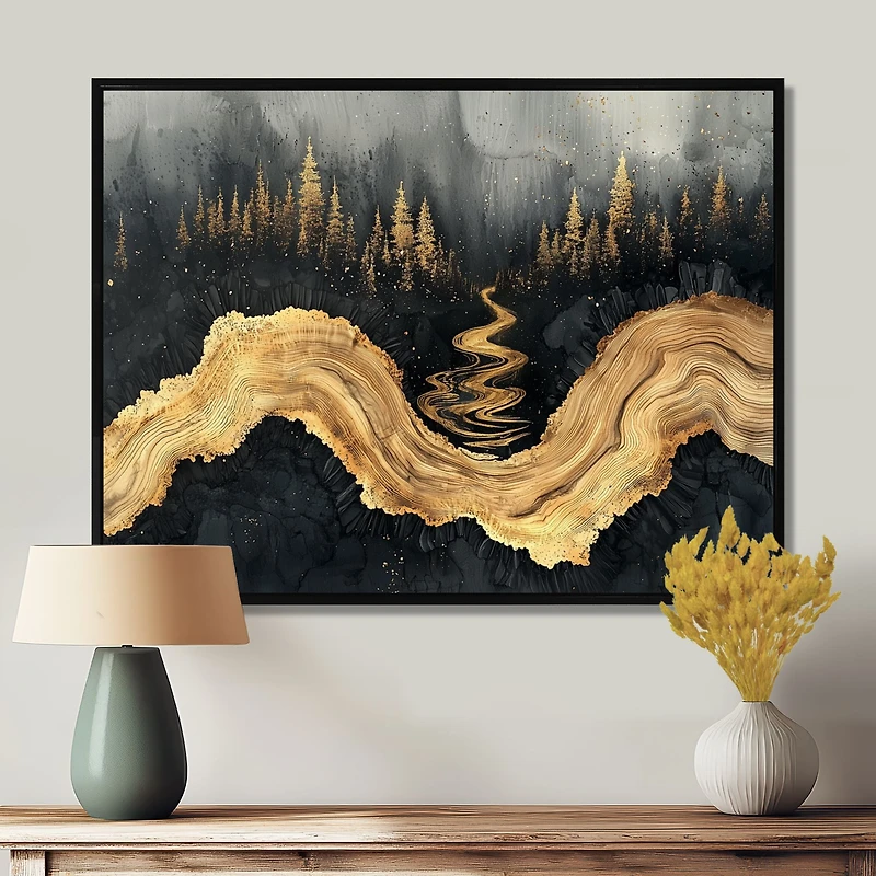 Art mural rivière onyx noire reflets forêt enchantée