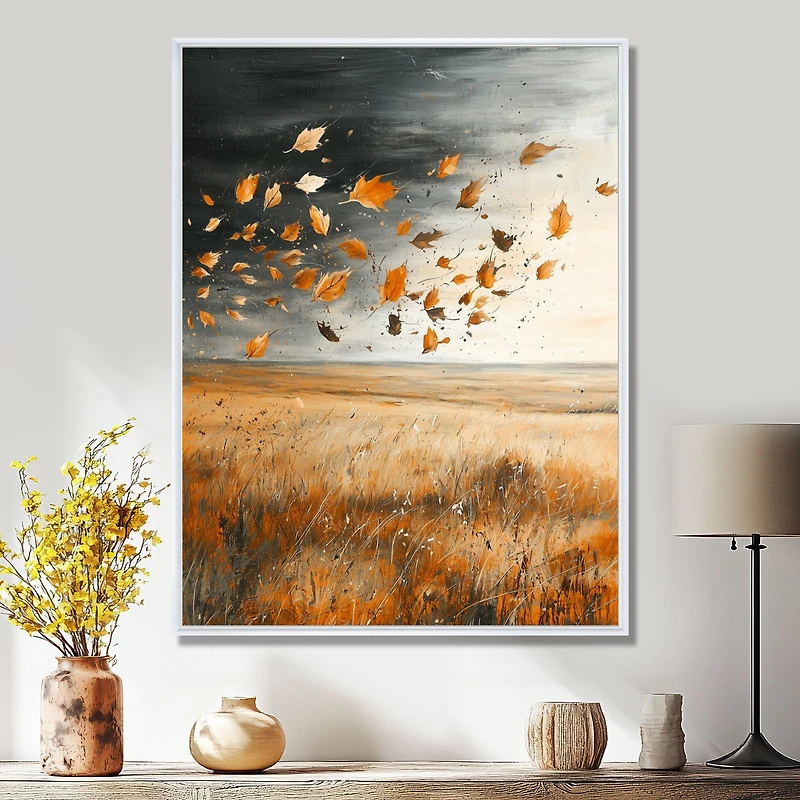 Art mural prairie balayée par le vent feuilles d’automne