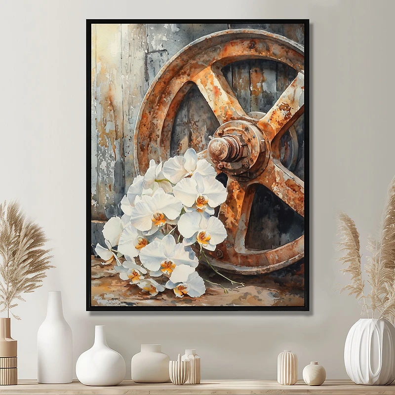 Wagon Wheel Orchids – Rustic Floral Still Life