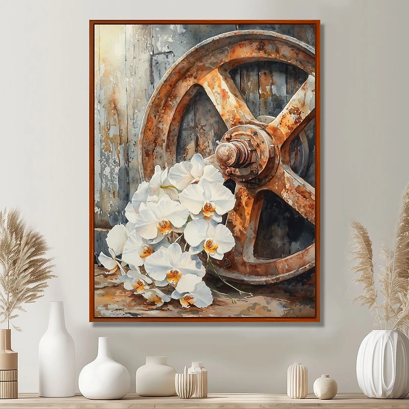 Wagon Wheel Orchids – Rustic Floral Still Life