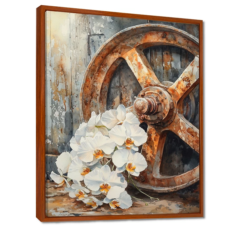 Art mural orchidées rustiques roue de chario