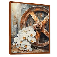 Art mural orchidées rustiques roue de chario