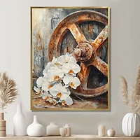 Art mural orchidées rustiques roue de chario