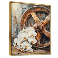 Art mural orchidées rustiques roue de chario