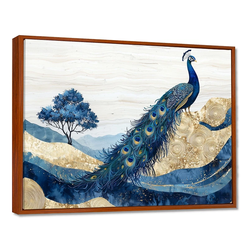Art mural paon doré paysage abstrait aqua-agate
