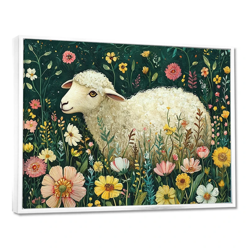 Spring Meadow Sheep – Whimsical Floral Scene
