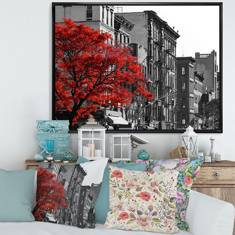 Red Tree on Black and White New York City Street  Canvas
