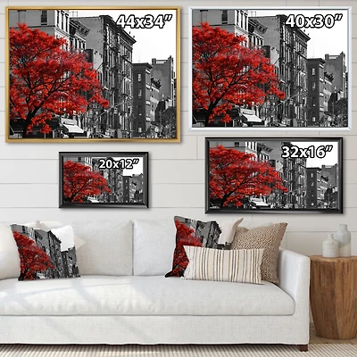 Red Tree on Black and White New York City Street  Canvas