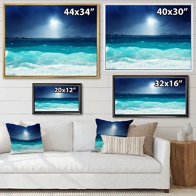 Neon Sea Waves under Dark Sky  Canvas Wall Art