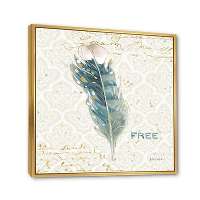 Damask Painted Gilded Feather on Blue Canvas Art