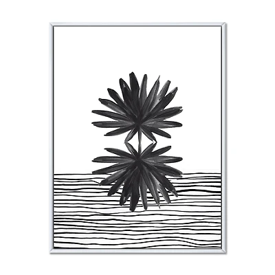 Black and White Tropical Leaf on Striped II  Wall Art
