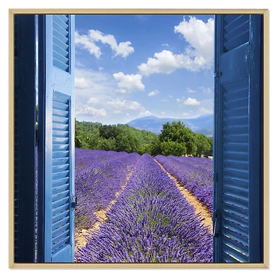Lavender Field Through Blue Open Cottage Window Wall Art