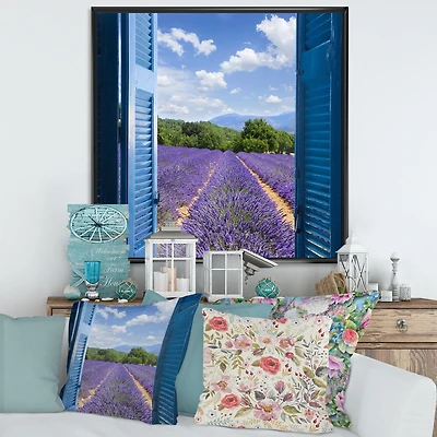 Lavender Field Through Blue Open Cottage Window Wall Art