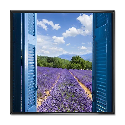 Lavender Field Through Blue Open Cottage Window Wall Art